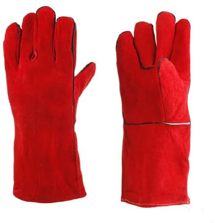 Heat & Fire Resistant Gloves, Long Cow Leather TIG Welding Protective Gloves with Stitching, Safety Gloves for Gardening, BBQ, Metal Work - Red