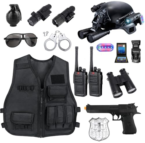 Disfraz Policía Niño 3 años, 14Piezas Accesorios con Casco Policial, Chaleco SWAT, Walkie Talkie, Juguete Esposas, Juego de Rol de Disfraz Halloween Policía Juguetes para Niños Niñas