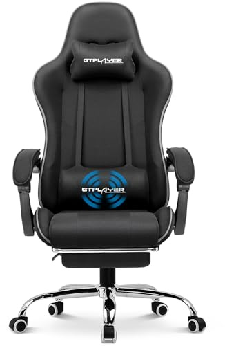 GTPLAYER Sedia da ufficio, da gaming, da gaming, ergonomica, con poggiapiedi, poggiatesta, cuscino lombare, imbottito, sedia girevole in tessuto nero