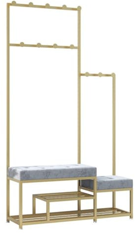 3 in 1 Freistehender Eltern-Kind Garderobenständer Metallgestell Kleiderständer mit 13 Haken gepolsterter Schuhbank und Schuhregal for Flur Eingang Wohnzimmer Schlafzimmer(Gold+Gray,80*35*175cm)