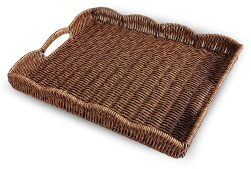 Serveringsbricka med uddig kant, rektangulär korgbricka med handtag, perfekt för frukost eller måltider i sängen och på soffan, dekorativ kaffebordsbricka för att förbättra matbordet (kaffebrun)