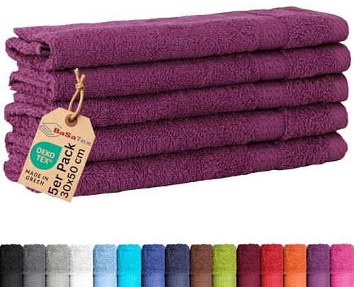 BaSaTex 5-pack frotté gästhanddukar set 30 x 50 – gästhandduk av 100 % bomull tillverkad i grönt – färg: lila