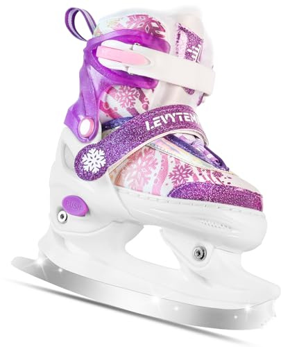 LEVYTEMP Adjustable Ice Skates for Kids Boys Girls - Warm Fleece Lined, 4 Size Adjustable Beginner Snowflake Blades Ankle Support Figure Skates for Outdoor and Rink,Purple