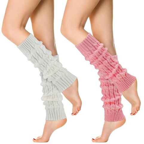 KWJEIULSOQ 2 Pairs Leg Warmers, Winter Knit Leg Warmers 80s Y2K Long Boot Leg Warmers Ladies Girls for Ballet Party Sports Yoga Daily (White Pink)