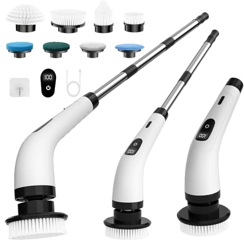 SINZUX Electric Spin Scrubber, Electric Cleaning Brush with 8 Replaceable Brush Heads, Electric Scrubbing Brush with LED Display and Adjustable Extension Handle for Bathroom Kitchen Car