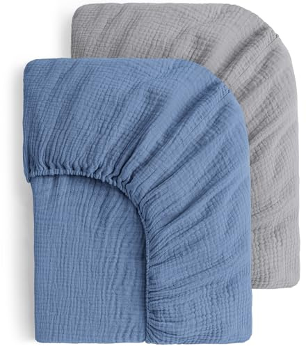 Yoofoss 2er Set Bettlaken 70x140 cm Kinderbett Kinder Spannbettlaken Kinderwagen Musselin-Baumwolle Reisebett Spannlaken Beistellbett Leintücher für Babybett und Kinderbet(Grau Blau)