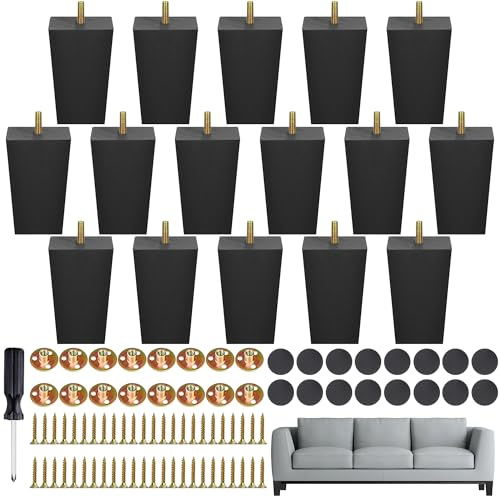 TURSTIN Set of 16 Black 4 Inch Square Solid Wood Furniture Legs Wooden Replacement Feet for Sofa, Couch, Chair, Bed, Cabinet, Table, Includes Screws, M8 Iron Washers, Felt Pads & Screwdriver