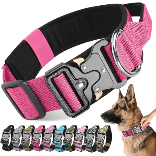 Viugex Hundhalsband, justerbart nylonhalsband för husdjur, taktiskt hundhalsband med metallspänne, hållbart bekvämt träningshalsband för alla hundtyper (rosenröd, L)