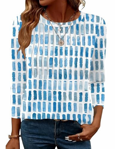 Kistore Womens Summer Tops Business Casual Clothes for Women Crew Neck 3/4 Length Sleeve Top and Blouses 2026 White Blue Floral M