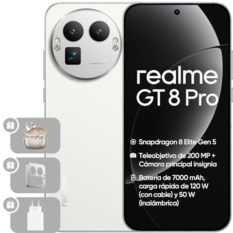 realme GT 8 Pro 5G Teléfono móvil, IP68, Next AI, Batería 7000 mAh, Cámara 50 MP OIS, Pantalla AMOLED 6,78 2K 144 Hz, 200 MP Teleobjetivo Gran Sensor, Snapdragon 8850, 16+512 GB, Blanco, Adaptador