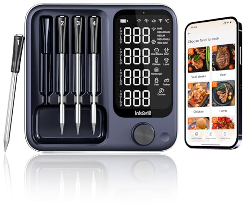 4-Probes Smart Wireless Meat Thermometer with WiFi & Bluetooth, Digital Meat Thermometer for Smoker, Oven & BBQ, Rechargeable Magnetic Base, Large Digital Backlit Screen