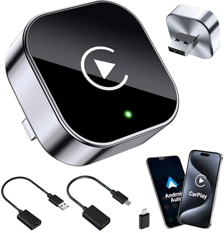 Adaptador Carplay Inalambrico y Android Auto Inalambrico (Version 2026), Mini Plug & Play, 3 Conectores Incluidos, Reconexion en 3 Segundos, Dongle Rigido Puertos Dificiles