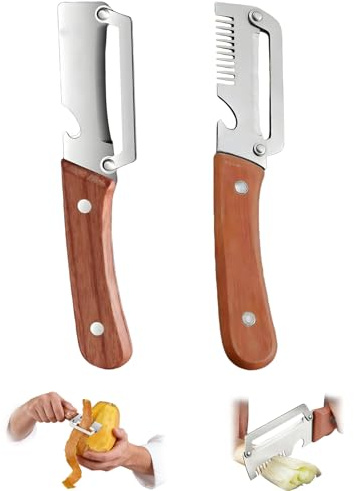 2PC Sparschäler Edelstahl Gemüseschäler mit Holzgriff Multifunktionaler Schäler mit Reibe und Flaschenöffner Kartoffelschäler für Tomaten Obst Karotten Apfel (A+B)