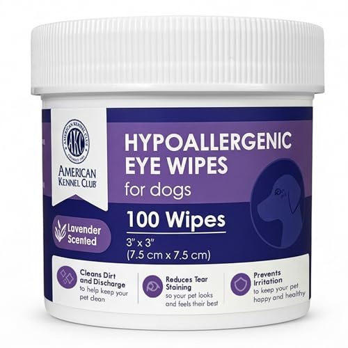 American Kennel Club Pet Eye Wipes for Dogs & Cats – Tear Stain Remover & Eye Discharge Cleaner – Hypoallergenic Grooming Wipes, 100 Count (Lavender Scent)