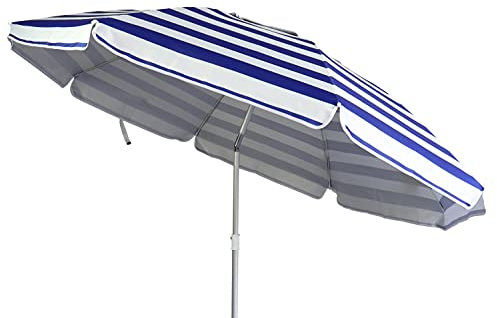 ELLUG blau-weiß gestreifter Sonnenschirm Sonnenschutz UV-Schutz UPF 50+ 180cm aus Aluminium mit Kippfunktion höhenverstellbar Strandschirm Balkonschirm Gartenschirm