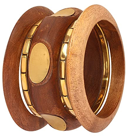 Touchstone Juego de brazaletes de joyería de diseñador de latón de madera natural de mano de obra india de piedra de toque para mujer.