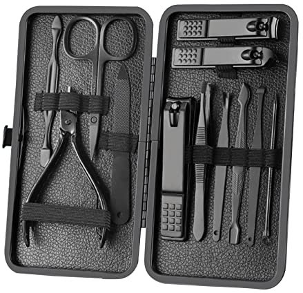 Maniküre Set Nagelknipser Pediküre Set-12pcs Edelstahl Nagelset, Pflegeset Männer, Nagelschere Set Werkzeuge Mit Luxuriöser Reise-Ledertasche Geschenkbox (12, Schwarz)