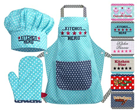 Emily´s Check Kochmütze + Küchenschürze + Topfhandschuh für Kinder - 3teiliges Set 1428.2002,