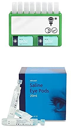 RELIANCE Medical Saline Eye Wash Station with Eye Wash Pods & Eye Pads + Eye Wash Pods Refill