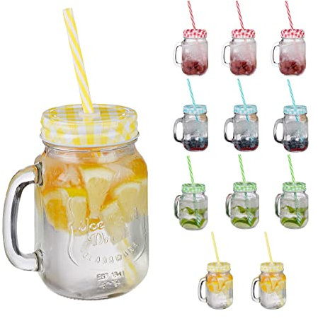 Relaxdays Trinkgläser mit Deckel und Strohhalm, 12er Set Limonadengläser, 500 ml, Retro Sommergläser mit Henkel, bunt