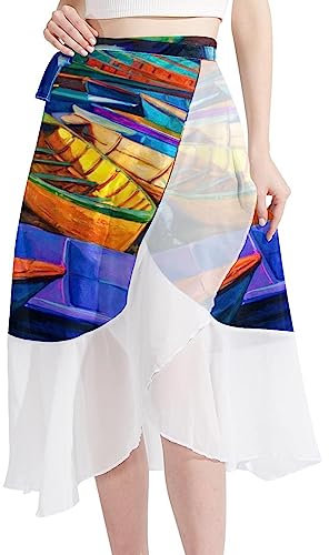 Swimsuit Coverup for Women, Sarong Beach Bikini Wrap Sheer Skirt Chiffon for Swimwear, Oil Painting Colored Boats
