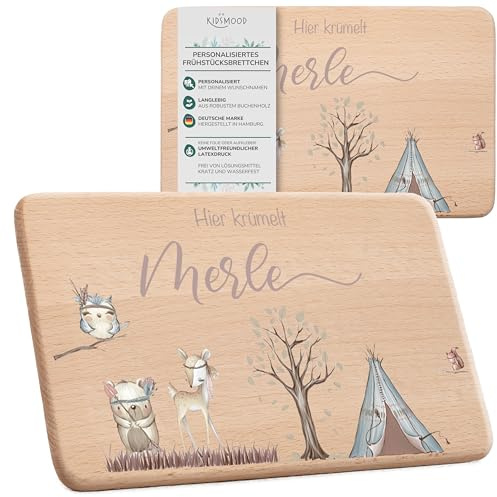KIDSMOOD - Individuelles Frühstücksbrettchen Kinder Holz, Niedliches Brettchen personalisiert mit Wunschnamen und Zelt-Motiv, Als Taufgeschenk und Babygeschenk