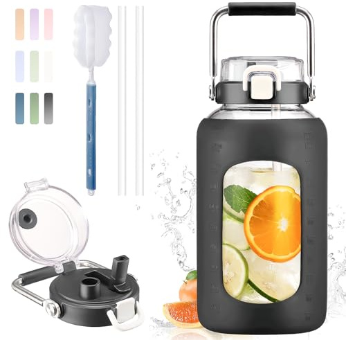 BLUEGO 84oz Water Bottle Glass with Stainless Steel Handle Large 2.5l Water Bottle with Time Markers and Silicone Sleeve Half Gallon Water Jug BPA Free for Gym Daily Use, Black