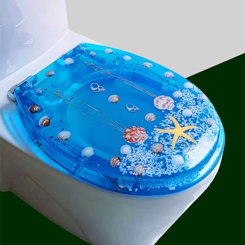 FUNRIN Toilettendeckel, WC-Tankabdeckungen, Transparenter Harz-WC-Sitz Echte Muscheln und Sande Anti-Bakteriell Einstellbare Edelstahl-Scharnier-WC-Deckel-Abdeckung Langsam Soft Close Top Mount,1