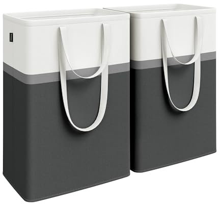 SONGMICS Juego de 2 Cestas para Colada, Cestas Plegables para Ropa Sucia 75 L, Bolsa con Asas Cortas y Largas, Fácil de Transportar y Limpiar, para Dormitorio, Baño, Negro Tinta LCB208B01