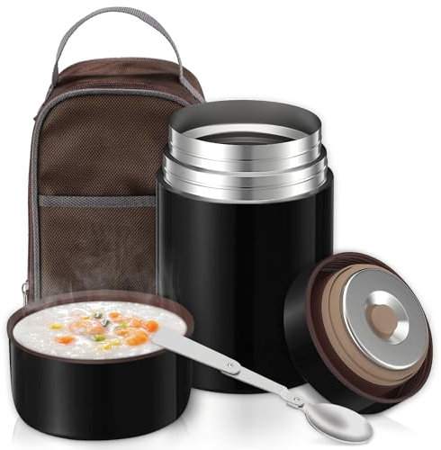 Boîtes Alimentaires Isothermes 800 ml, Boite Isotherme Repas Chaud en Acier Inoxydable avec Sac à Lunch et Cuillère Pliante, Thermos Alimentaire Chaud pour Ecole, Bureau, Camping, Noir