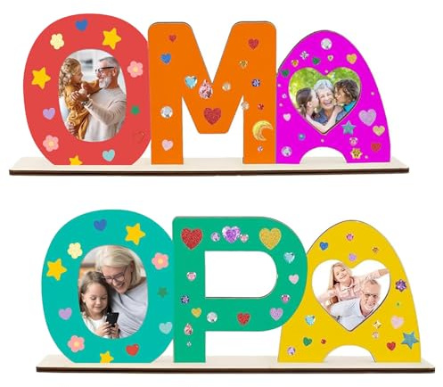2 Stücke Oma Opa Geschenk Holzbuchstaben Muttertag Holz Fotorahmen | Holz Bastelset Sinnvolle Geschenke für Opa Holznamen Bemalen und Fotos Ankleben für Geburtstag Weihnachten Dekoration
