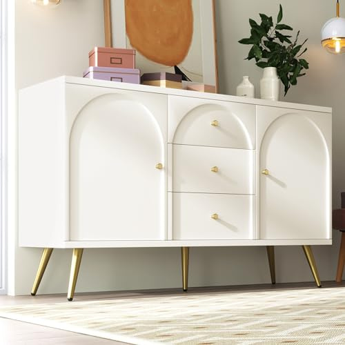 Ctastay Contenitore Ad Angolo, Credenza Con 2 Ante, 3 Cassetti e Ripiani Regolabili - Mobile da Cucina e Soggiorno, 140x40x84cm, Bianco