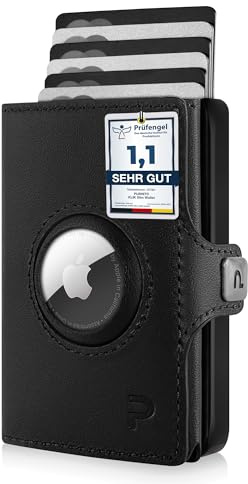 PURISTO KLIK Minimal AirTag Wallet mit Münzfach - Mini Portemonnaie und Geldbörse für Herren aus Echtleder - Kleiner Credit Card Holder mit RFID Schutz für 6-8 Karten - Schwarz