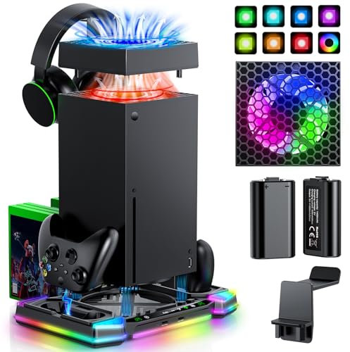 RGB Peak Cooling Fan and Charging Station for Xbox Series X Console & Controller, Cooling System Stand for Xbox X Accessories with 2x 1400mAh Rechargeable Battery & Digital Camera Holder