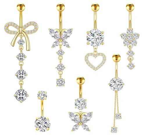 Jokureao 7 Stück Bauchnabelpiercing Set, Schmetterling Herz Nabel Piercing Schmuck, Bauchnabelpiercing Chirurgenstahl, Piercing Bauchnabel für Frauen