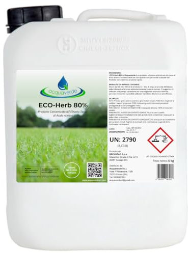 acquaverde | ECO-Herb 80%, Acido Acetico 80% Concentrato - 5 L, Azione Erbicida Rapida, Effetto Diserbante, Stop alle Erbe Infestanti per Viali, Aree Incolte, Piazzali