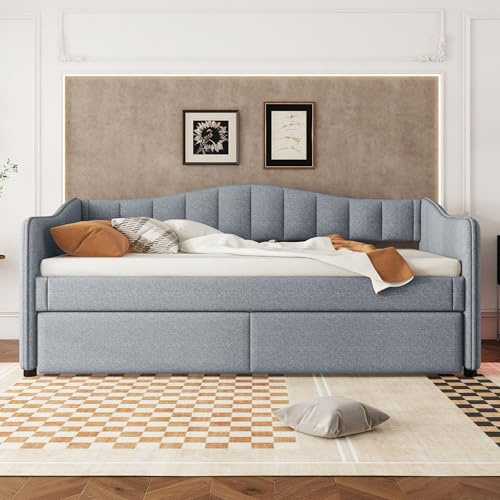 Rvjiahe Schlafsofa, 90 x 200 cm mit Ausziehbett, Schlafsofa, Einzelbett (ohne Matratze), Ambientebett-Design, Leinen (Grau, 90 x 200 cm)