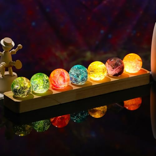 Arikyrist 7 PCS Colorful Crystal Chakra Ball Set Meditation Gift with Light | 7 PCS 40mm Colorful Glass Chakra Balls Set with LED Wooden Base Night Light Home Decor Wedding, Party Positive Energy Gifts