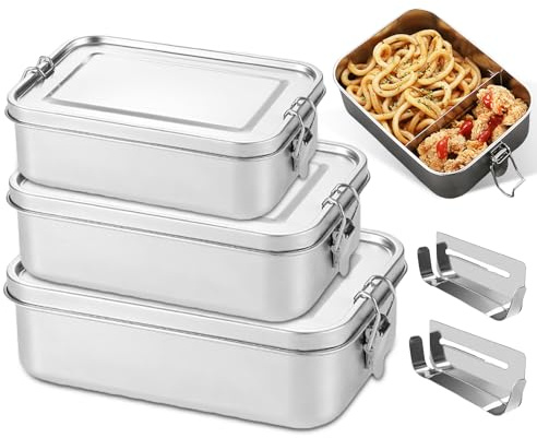 LEKEFETO 3er Set Edelstahl Brotdosen mit Trennfach | 550ml+ 850ml+1400ml Auslaufsichere Lunchbox | Spülmaschinenfest & Stapelbar | Lebensmittelbox für Beruf & Outdoor