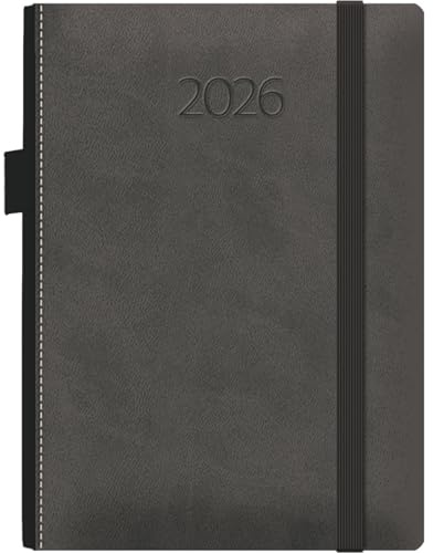 Dohe - Dagbok 2026 - Sida dag, A5 (15 x 21 cm), mjukt PU-läder hårt omslag, elastisk gummistängning, sidopennhållare, bokmärken, årlig spansk planerare - Melbourne grå