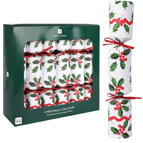 Talking Tables 12 x Eco Friendly Christmas Crackers Festive Holly Themed with Drink Charms, Paper Hats, Jokes – Plastic Free for Christmas Dinner Table Decorations 12inches