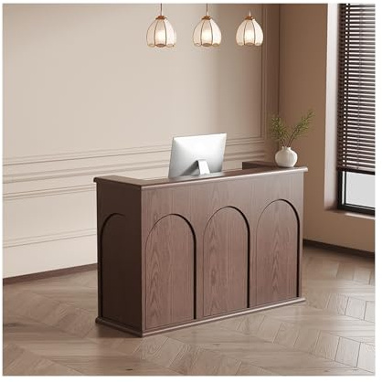 Bureau de réception de style médiéval avec tiroirs verrouillables, comptoir moderne, finition noyer, 80 cm, idéal pour les boutiques et les zones de réception