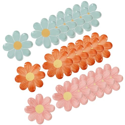 SKISUNO 30pcs Daisy Disposable Paper Plates Set, Floral Party Tableware with Pink, Orange Light Blue, Single-use Paper Dinnerware for ’ Birthday and Celebration