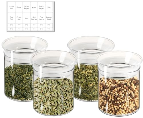 ZENS 10oz Glass Jars with Airtight Lid, 4 Pack Glass Kitchen Canisters Set for Spice, Loose Tea, Small Clear Glass Storage Jars with Labels for Herbs, Sugar