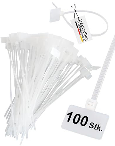 tsnetworks 100 Stk. Kabelbinder mit Beschriftungsfeld quer 2,5 cm x 1,5 cm, Länge 21 cm, transparent, für Rohrbeschriftung, Kabelmarkierung, Schlauchmarkierung