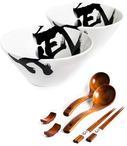 BICETTO Ceramic Japanese Ramen Bowl Set, 1500ml Large Ramen Bowls with Chopsticks, Spoons and Chopstick Rests – Bowl for Ramen, Pho, Salad, Poke, Soup, Udon – Minimalist Design, Premium Quality, White