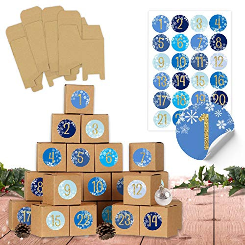 Papierdrachen DIY Calendrier de l'avent à remplir - 24 boîtes pour bricolage - Bleu - 24 boîtes brunes naturelles en carton de 400g/m² à monter et à décorer - 24 boîtes - Noël