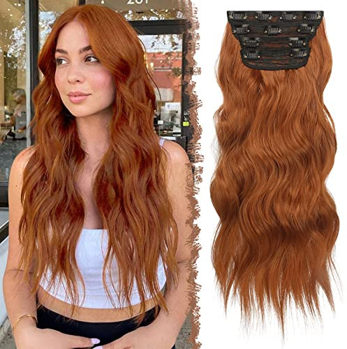 FESHFEN Clip in Hair Extensions 4PCS Copper Red Thick Highlight Hairpieces Long Wavy Clip in Hair Piece Full Head Synthetic Fiber Hair Extensions for Women, 20 Inches 180g