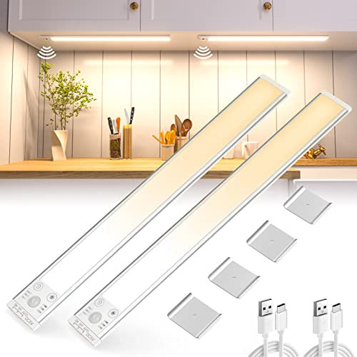 wobsion 40CM×2PCS LED Unterbauleuchte Küche kabellos Dimmbar,138 Led Schrankbeleuchtung Mit Bewegungsmelder,2200mAh USB Wechselbare Farben Warmweiß/Neutralweiß/Weiß für Kleiderschrank Beleuchtung