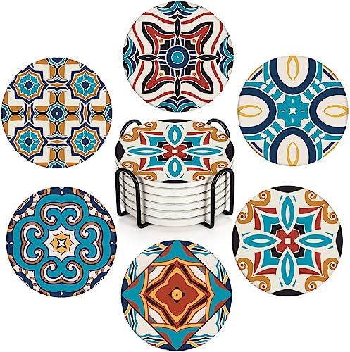 Bribay Untersetzer für Getränke, 6 Stück, spanisches marokkanisches kunstvolles Keramik-Muster, saugfähig, rund, Keramik-Steinmatte, mit Korkboden und Metallhalter, Geschenk für Einweihungszimmer,